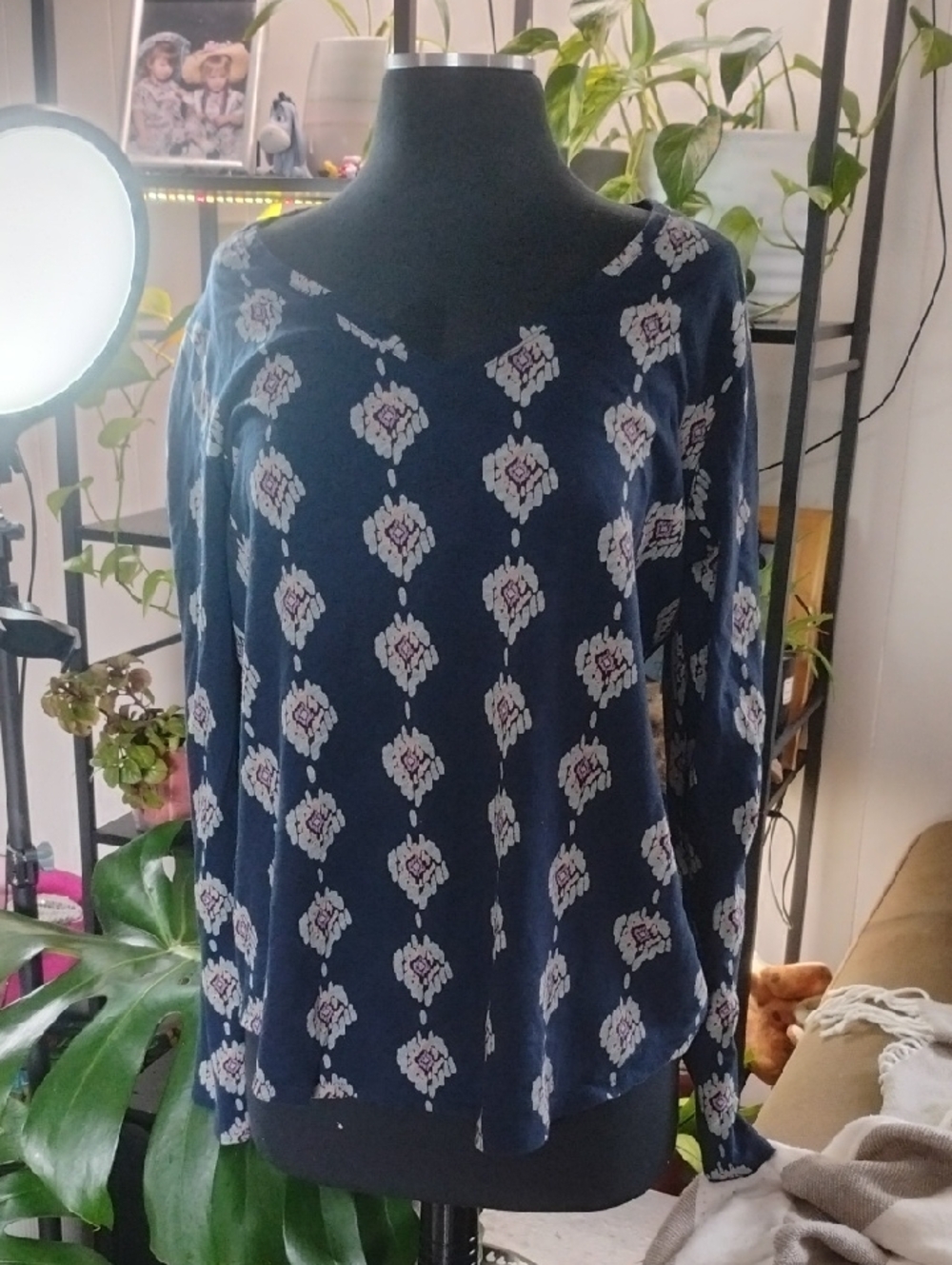 Navy Floral-Print V-Neck Women's Top
